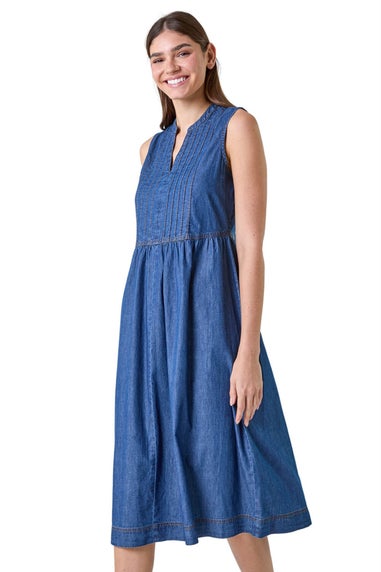 Roman Denim Sleeveless Cotton Denim Midi Dress