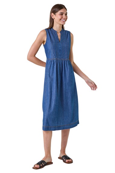Roman Denim Sleeveless Cotton Denim Midi Dress