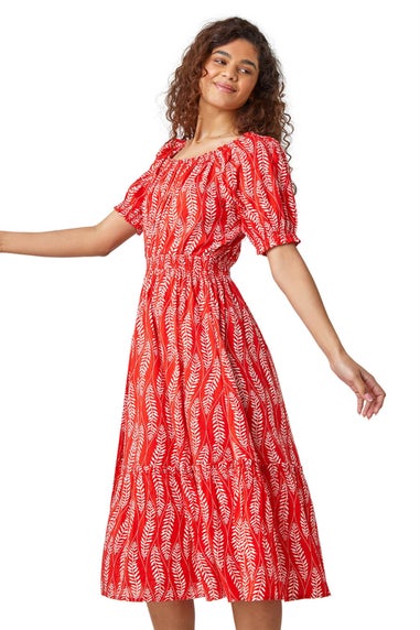 Roman Red Leaf Print Stretch Neck Midi Dress