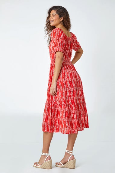 Roman Red Leaf Print Stretch Neck Midi Dress