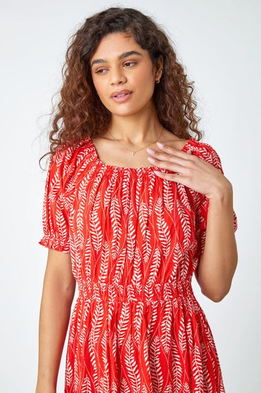 Roman Red Leaf Print Stretch Neck Midi Dress