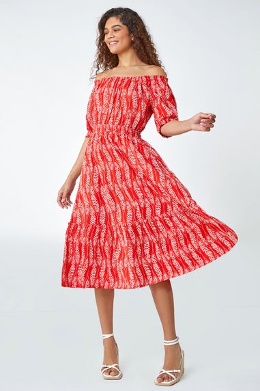 Roman Red Leaf Print Stretch Neck Midi Dress