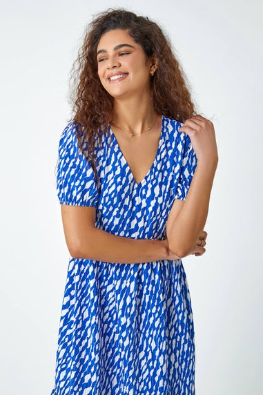 Roman Royal Blue Abstract Frill Hem Midi Dress