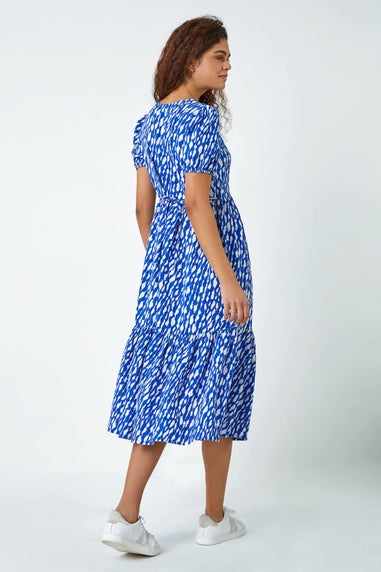Roman Royal Blue Abstract Frill Hem Midi Dress