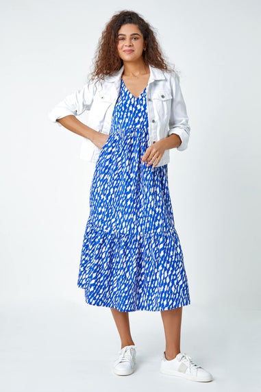 Roman Royal Blue Abstract Frill Hem Midi Dress