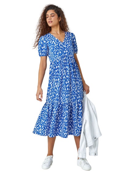 Roman Royal Blue Abstract Frill Hem Midi Dress