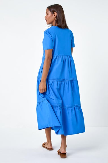 Roman Blue Plain Cotton Tiered Maxi Dress