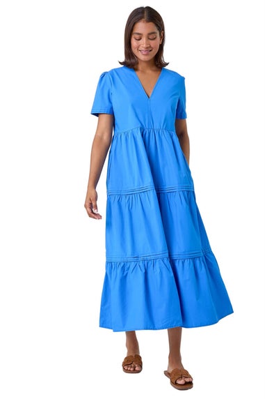 Roman Blue Plain Cotton Tiered Maxi Dress