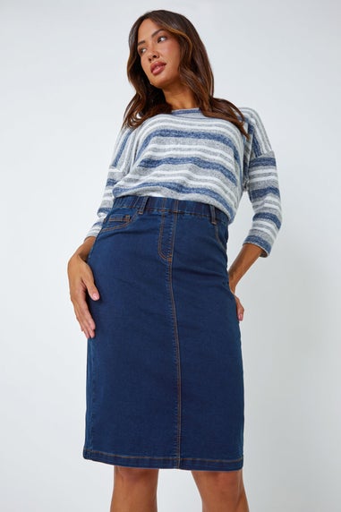 Roman Indigo Cotton Denim Stretch A line Skirt