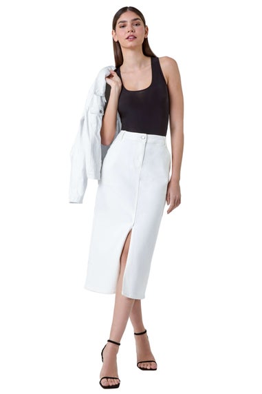 Roman White Cotton Blend Denim Stretch Midi Skirt