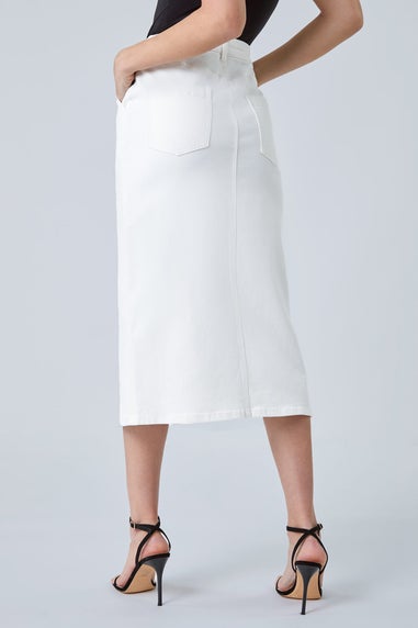 Roman White Cotton Blend Denim Stretch Midi Skirt