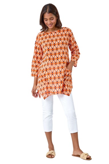 Roman Orange Cotton Geometric Pocket Longline Tunic Top