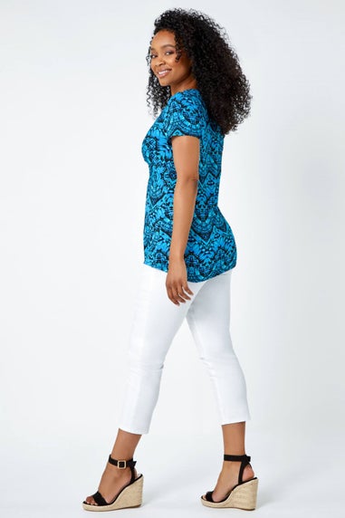 Roman Petite Blue Petite Aztec Knot Detail V-Neck Stretch Top