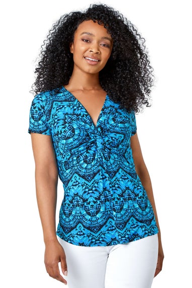 Roman Petite Blue Petite Aztec Knot Detail V-Neck Stretch Top