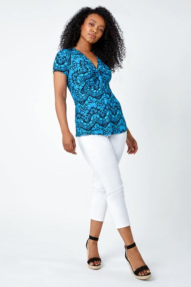 Roman Petite Blue Petite Aztec Knot Detail V-Neck Stretch Top