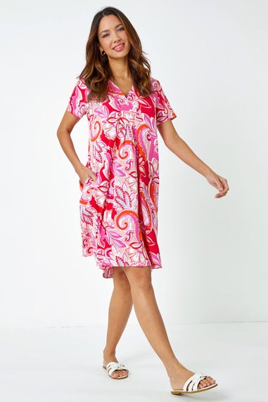 Roman Pink Baroque Floral Pocket Tunic Dress