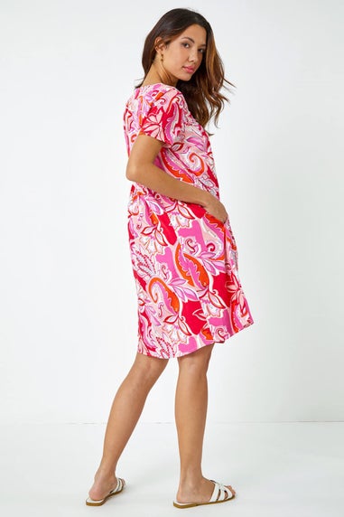 Roman Pink Baroque Floral Pocket Tunic Dress