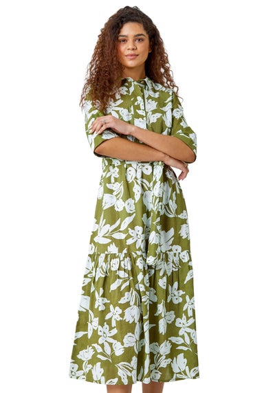 Roman Green Leaf Frill Hem Button Shirt Dress