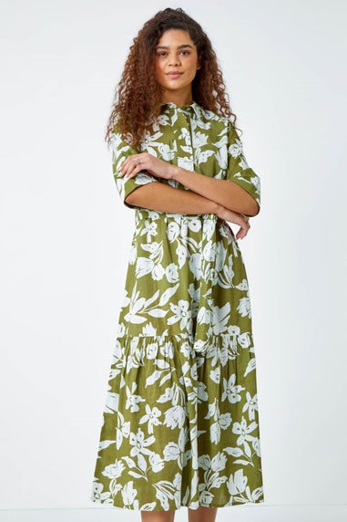 Roman Green Leaf Frill Hem Button Shirt Dress