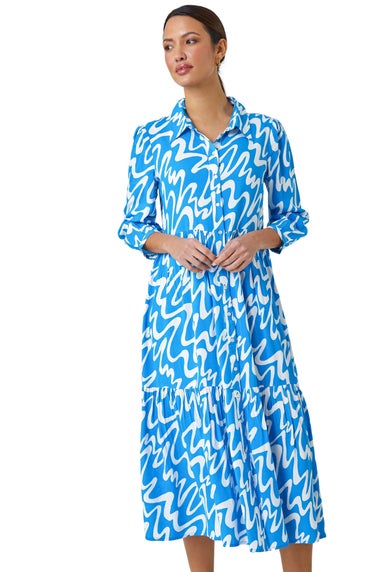 Roman Turquoise Wave Print Tiered Shirt Dress