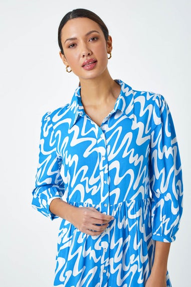 Roman Turquoise Wave Print Tiered Shirt Dress