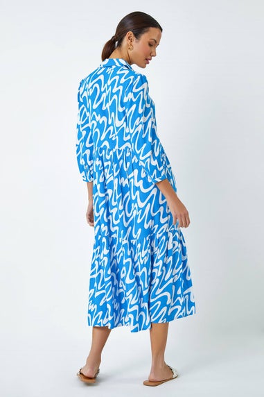 Roman Turquoise Wave Print Tiered Shirt Dress