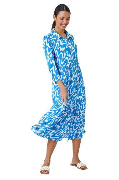 Roman Turquoise Wave Print Tiered Shirt Dress