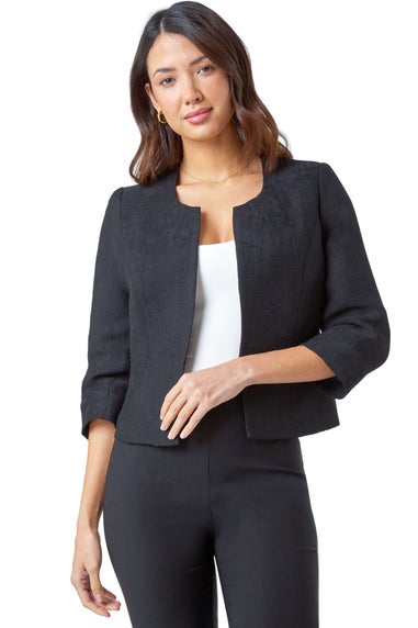 Roman Black 3/4 Sleeve Pleated Textured Cropped Jacket