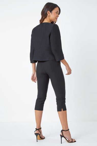 Roman Black 3/4 Sleeve Pleated Textured Cropped Jacket