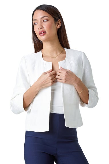 Roman Ivory 3/4 Sleeve Pleated Textured Cropped Jacket