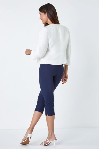 Roman Ivory 3/4 Sleeve Pleated Textured Cropped Jacket