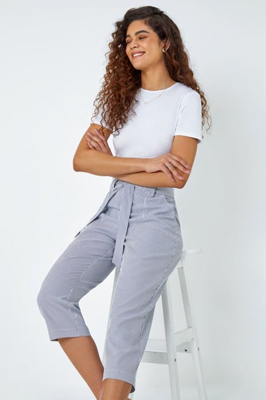 Roman Denim Stripe Elastic Tie Waist Cropped Trousers