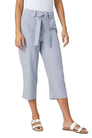 Roman Denim Stripe Elastic Tie Waist Cropped Trousers