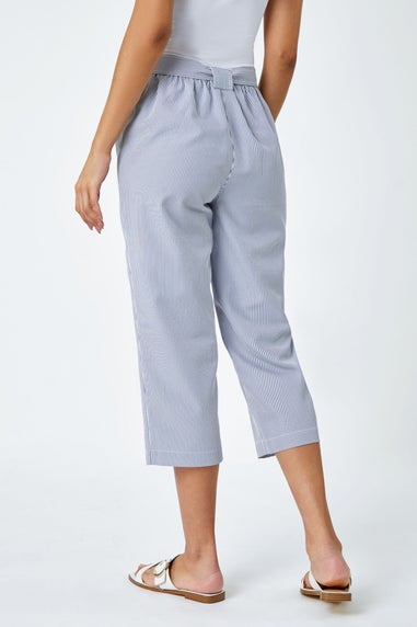 Roman Denim Stripe Elastic Tie Waist Cropped Trousers