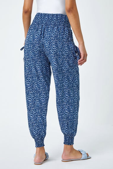 Roman Blue Wave Print Elastic Waist Hareem Trousers