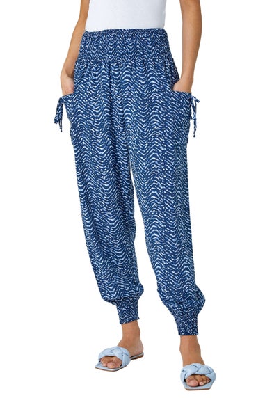 Roman Blue Wave Print Elastic Waist Hareem Trousers