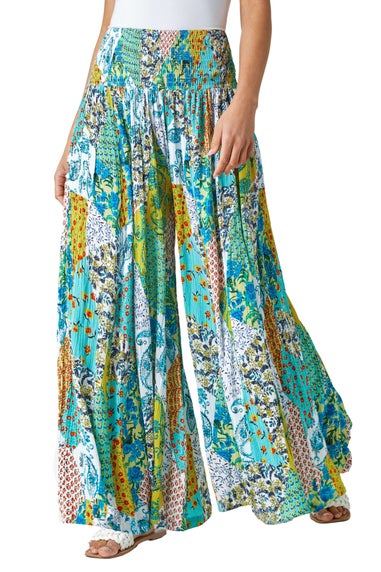 Roman Aqua Paisley Elastic Waist  Palazzo Trousers