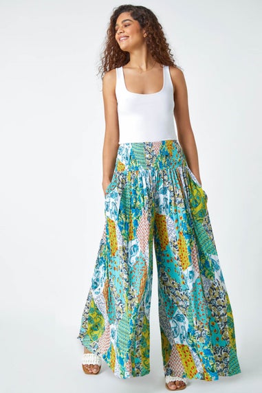 Roman Aqua Paisley Elastic Waist  Palazzo Trousers