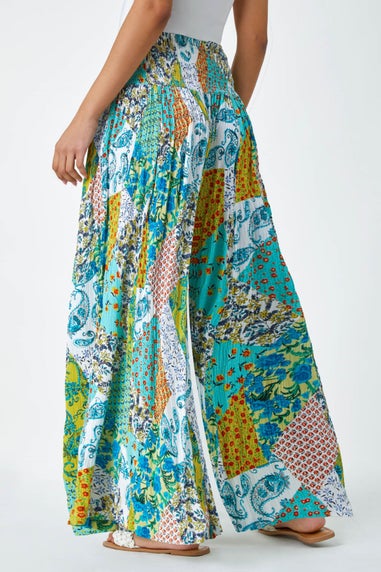 Roman Aqua Paisley Elastic Waist  Palazzo Trousers