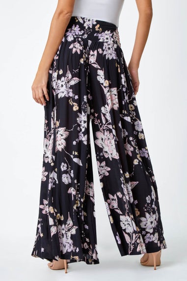 Roman Black Floral Elastic Waist Wide Leg Palazzo Trousers