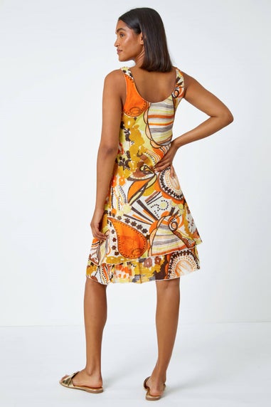 Roman Yellow Sleeveless Cotton Abstract Print Dress