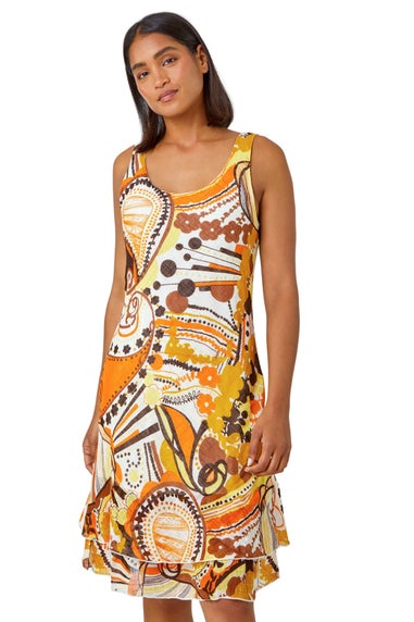 Roman Yellow Sleeveless Cotton Abstract Print Dress