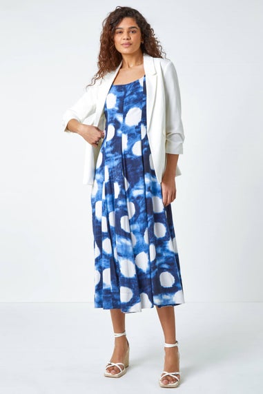 Roman Navy Abstract Spot Print Panelled Midi Dress