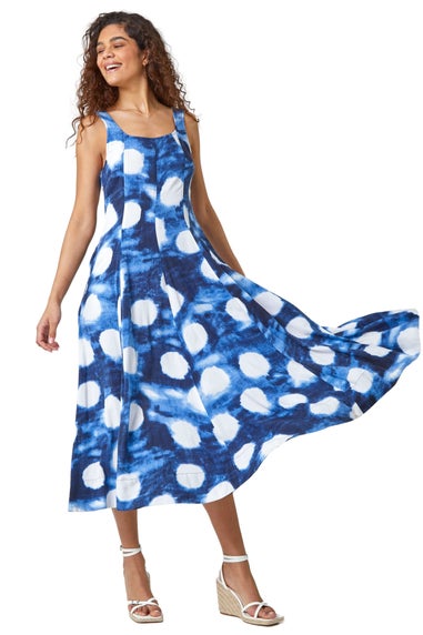 Roman Navy Abstract Spot Print Panelled Midi Dress