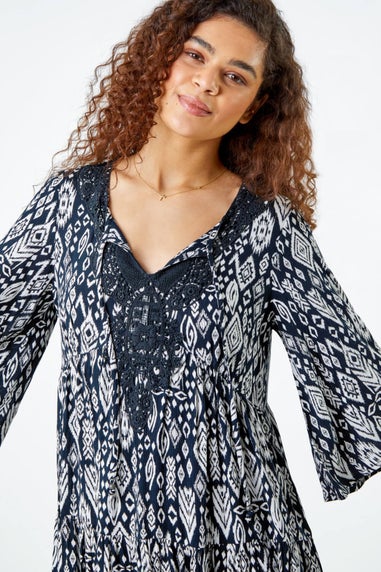 Roman Black Aztec Print Lace Detail Smock Dress