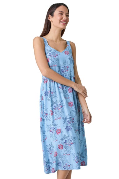 Roman Light Denim Floral Denim Look Shirred Dress