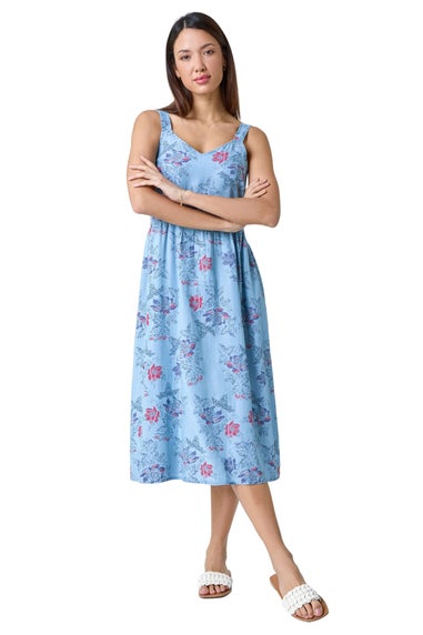 Roman Light Denim Floral Denim Look Shirred Dress