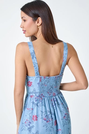 Roman Light Denim Floral Denim Look Shirred Dress