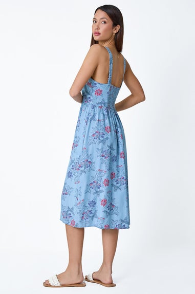 Roman Light Denim Floral Denim Look Shirred Dress