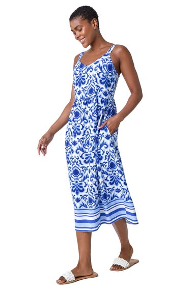 Roman Royal Blue Paisley Border Print Midi Dress